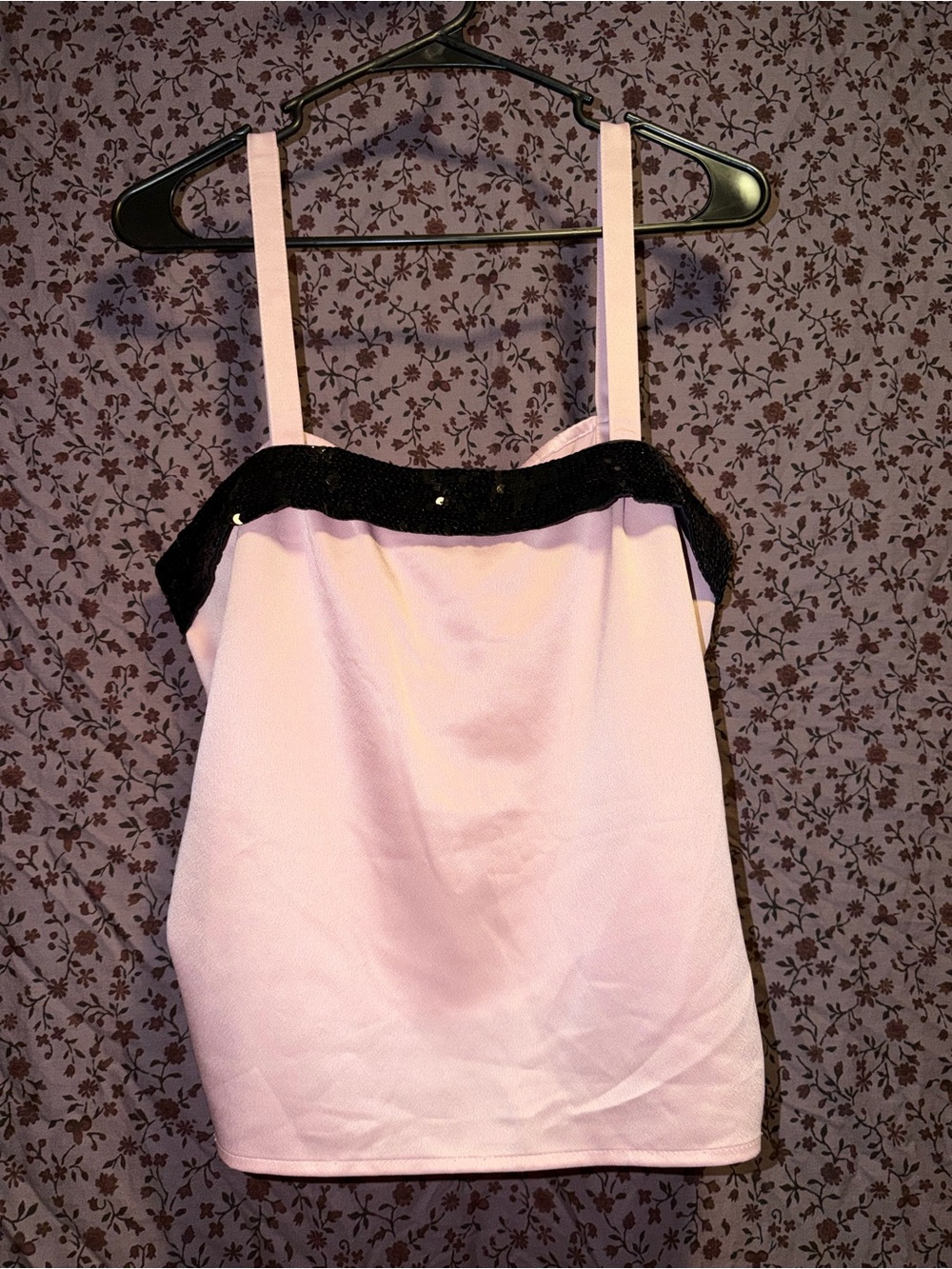 Pink polyester crop top with black sequined trim